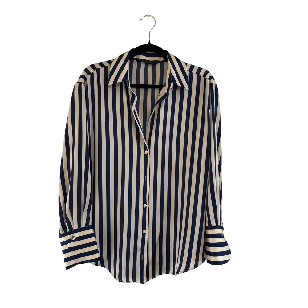 Zara Basic Navy Blue Cream Vertical Stripe Button Down Blouse Shirt Medium